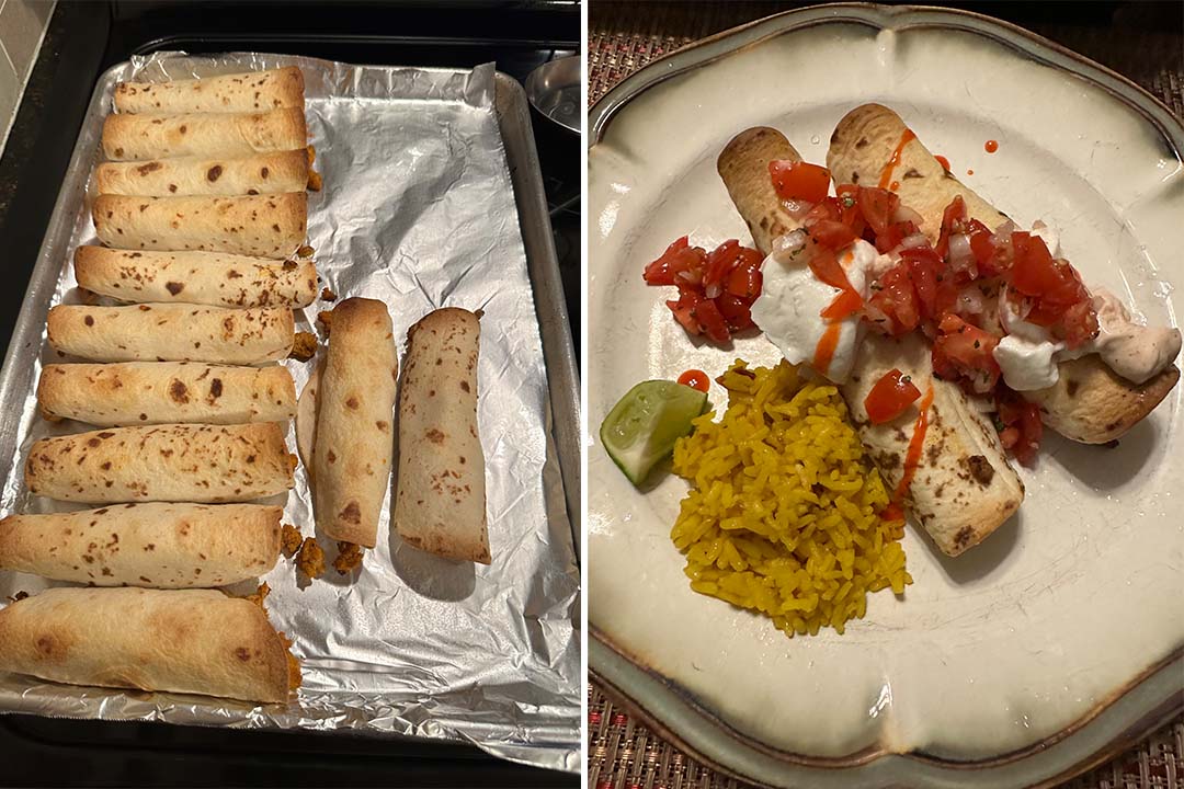 Side by side photos of taquitos on a baking sheet and on a plate with toppings.