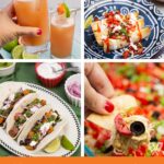 Photos of a guava cocktail, taquitos, sweet potato tacos, and a layered dip with text that reads, "Cinco de Mayo Favorites Recipe Roundup".