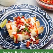 Plate of taquitos with text that reads, "Easy Baked Taquitos (use your favorite ground meat or vegan ground substitute) bigflavorstinykitchen.com.