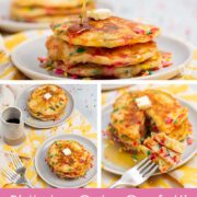 Collage of photos of pancakes with text that reads, "birthday cake confetti pancakes with sprinkles - bigflavorstinykitchen.com".