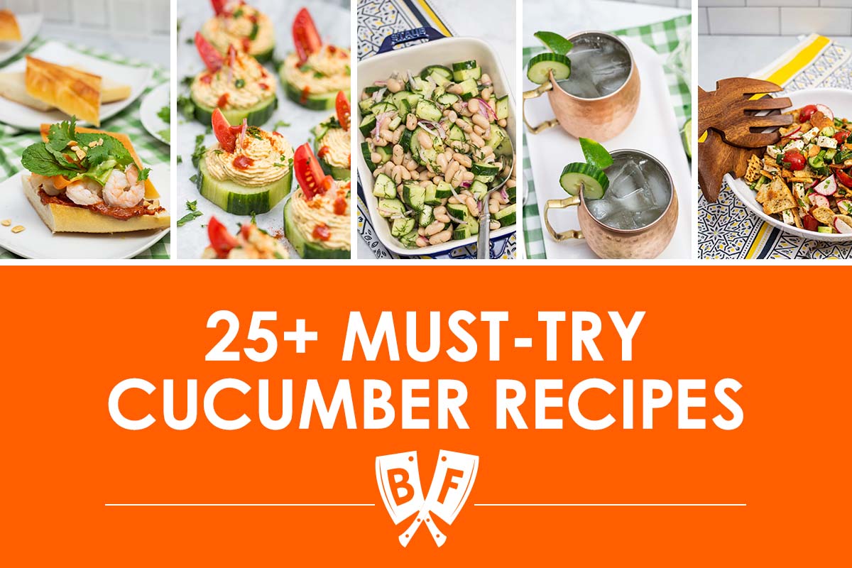 Collage of cucumber recipe images with text that reads, "25+ Must-Try Cucumber Recipes".
