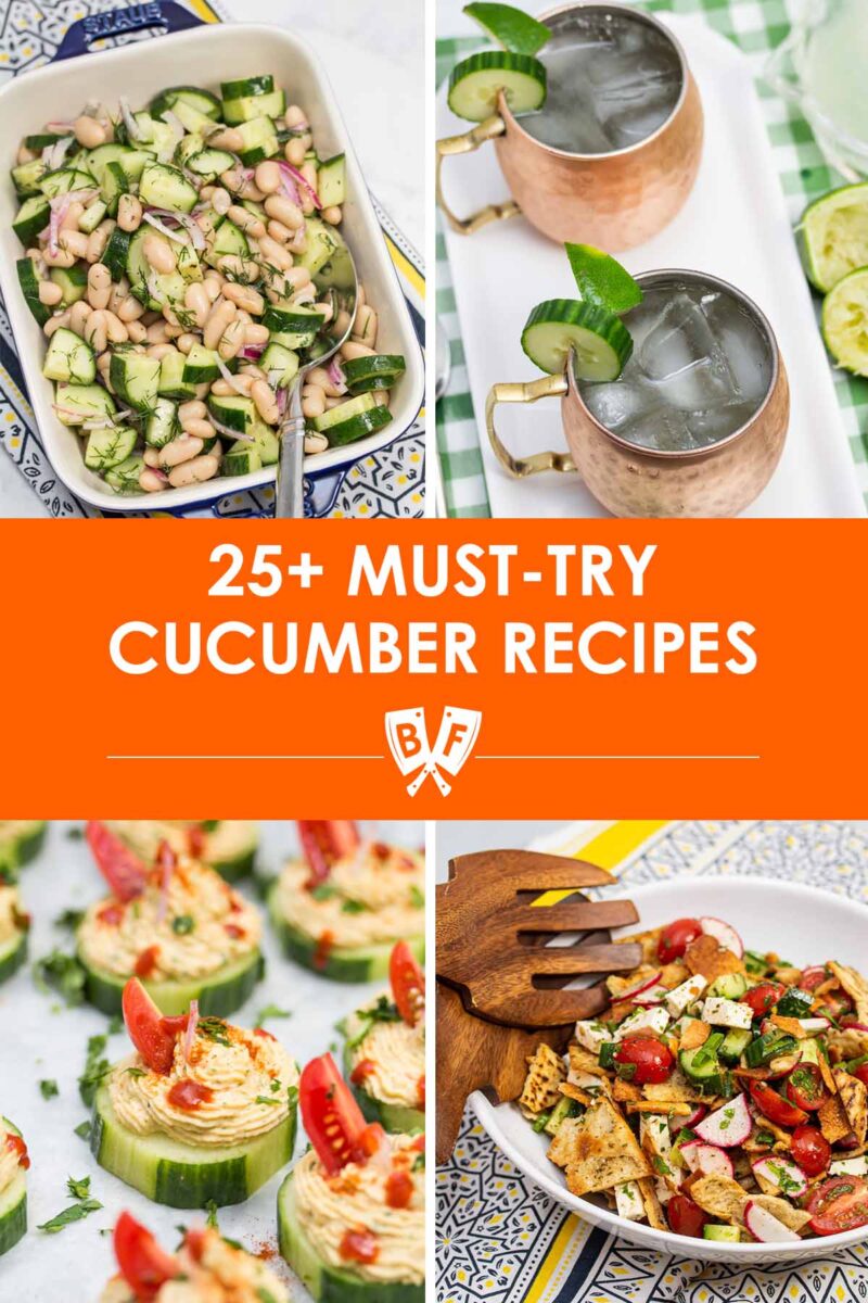 Collage of cucumber recipe images with text that reads, "25+ Must-Try Cucumber Recipes".
