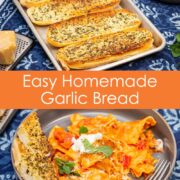 A tray of garlic bread and a serving of pasta with slices of garlic bread alongside.