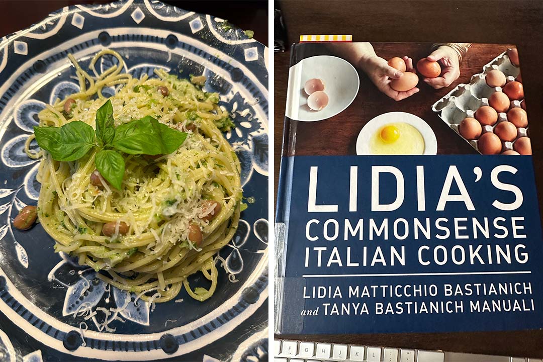 Two photos - one of a plate of broccoli cream pasta with basil and one of Lidia's Commonsense Italian Cooking cookbook.