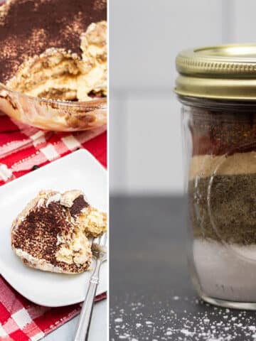 Image of tiramisu and a jar of homemade spice blend.