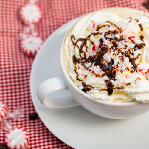 Peppermint mocha in a mug garnished with chocolate and peppermint candies.