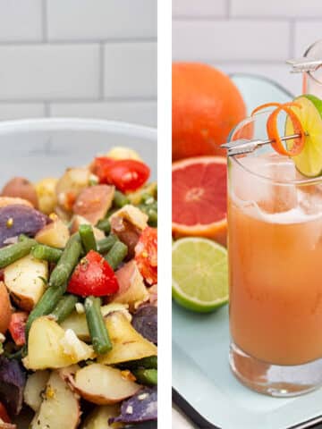 Side by side images of a potato salad with green beans and tomatoes next to a guava cocktail with fresh citrus alongside.