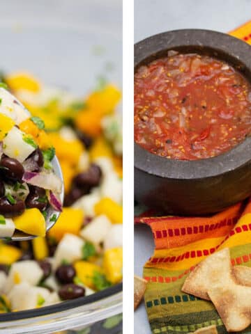 Side-by-side images of a bowl of black bean mango salsa and tortilla chips next to a bowl of roasted tomato salsa.