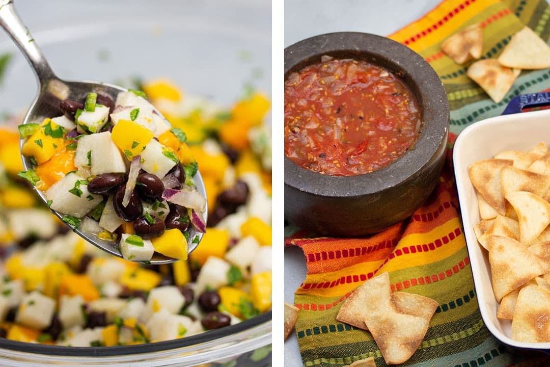 NCPL Salsa Party Side-by-side images of a bowl of black bean mango salsa and tortilla chips next to a bowl of roasted tomato salsa.