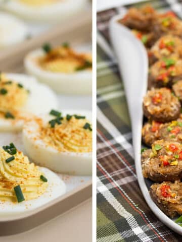 Side-by-side images of deviled eggs and stuffed mushrooms.
