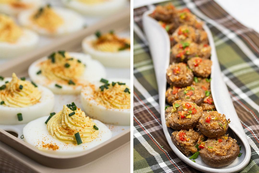 Side-by-side images of deviled eggs and stuffed mushrooms.