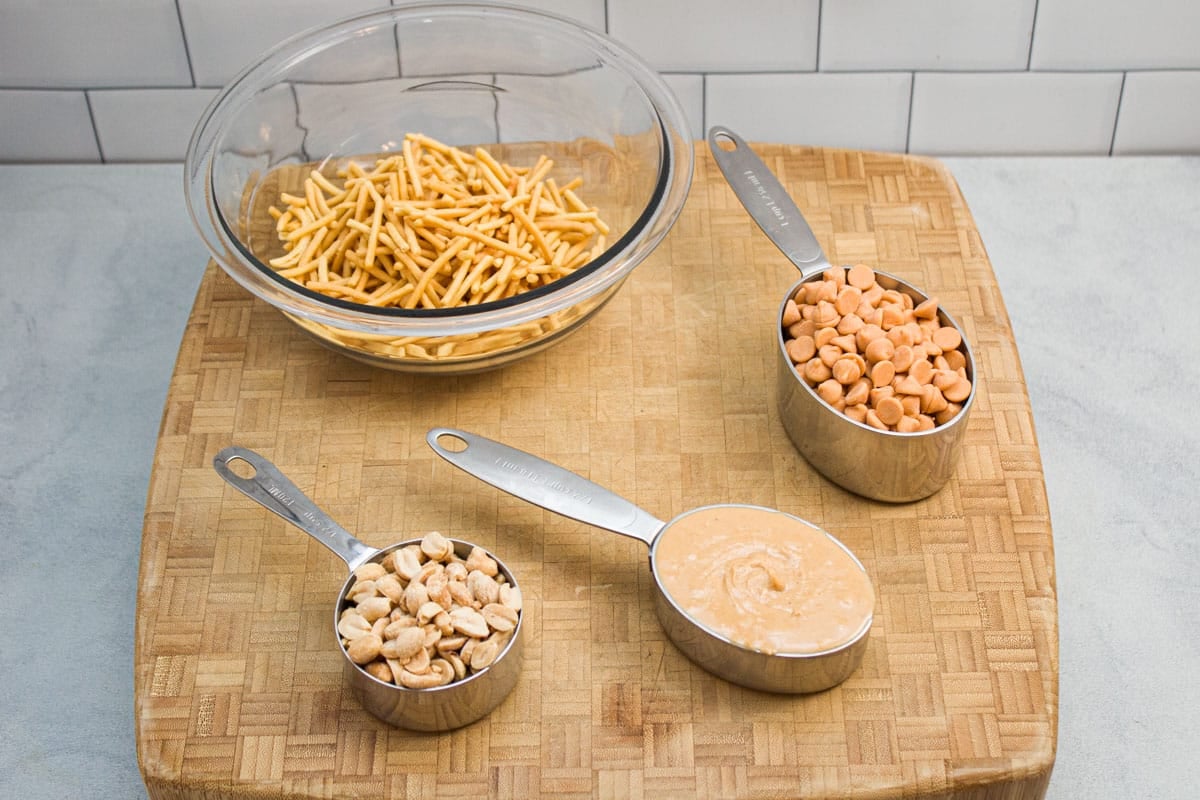Ingredients ready to make no-bake butterscotch haystacks.