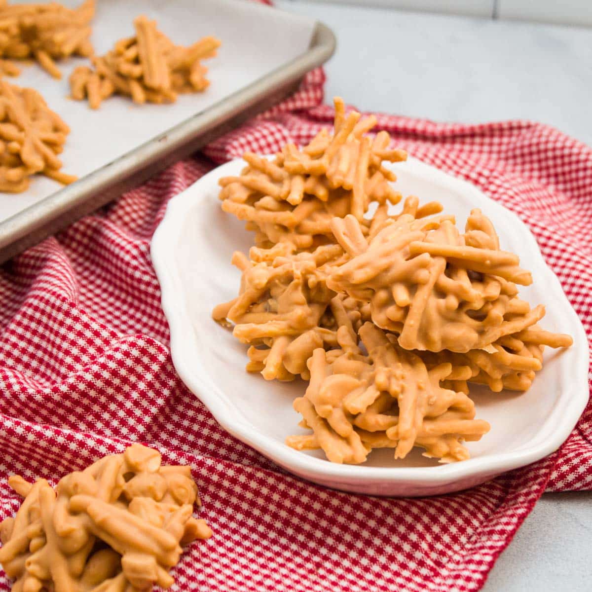 Platter of no-bake butterscotch haystacks.