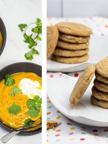 Side-by-side photos: bowls of curried pumpkin soup and plates stacked with maple cookies.