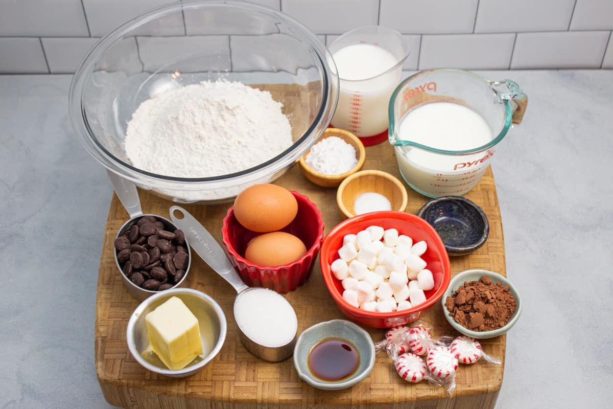 Ingredients ready to make chocolate chocolate chip pancakes with mint.