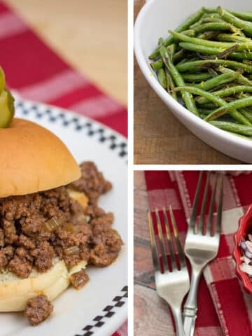 Collage of images - a sloppy joe sandwich, cole slaw, and roasted green beans.