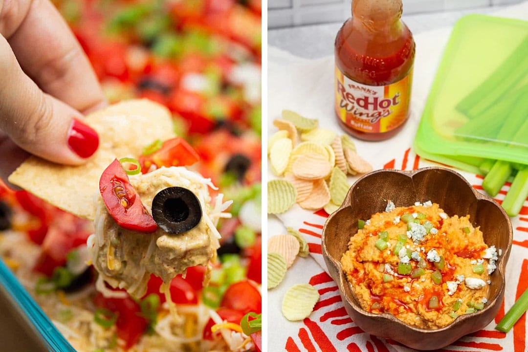 Side by side photos of a layered taco dip and a buffalo chickpea dip.