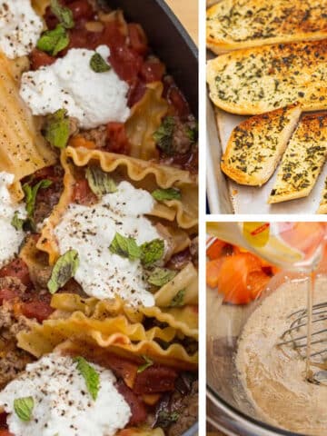 Collage of images of skillet lasagna, garlic bread, and creamy balsamic vinaigrette.