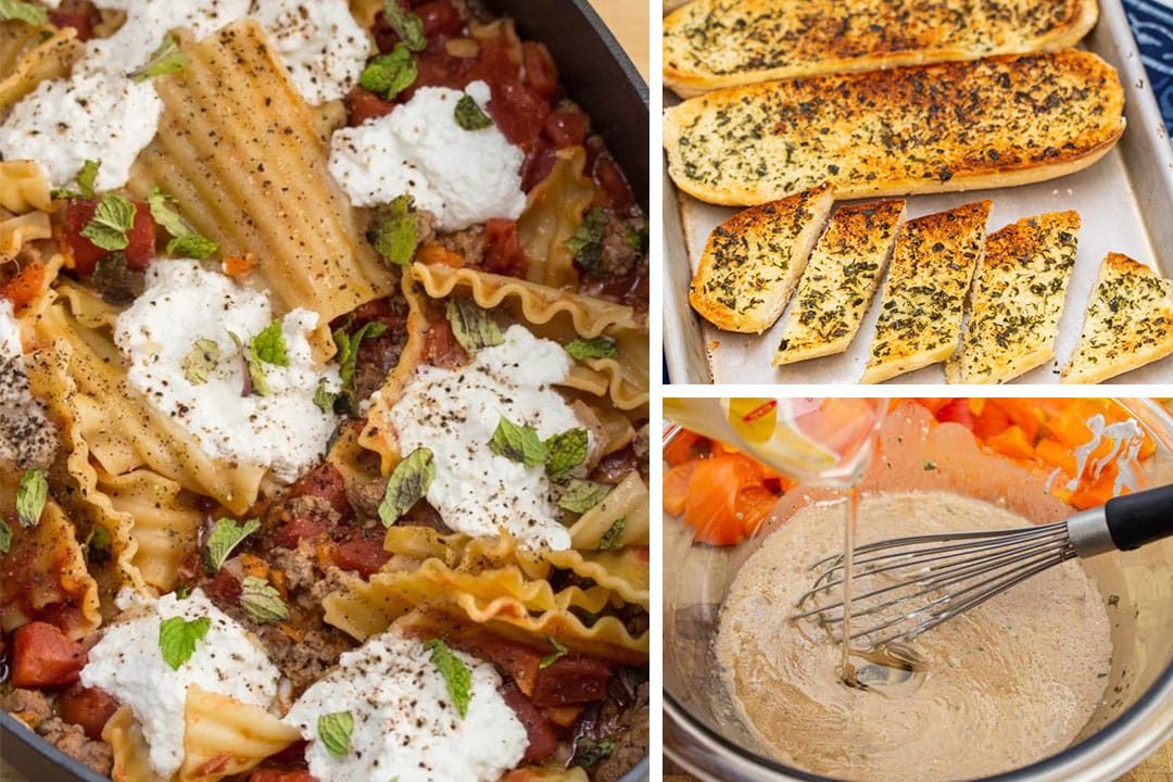 Collage of images of skillet lasagna, garlic bread, and creamy balsamic vinaigrette.