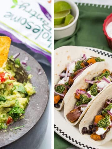 Side-by-side images of guacamole and sweet potato black bean tacos with a variety of toppings.