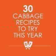 Text that reads, "30 cabbage recipes to try this year".