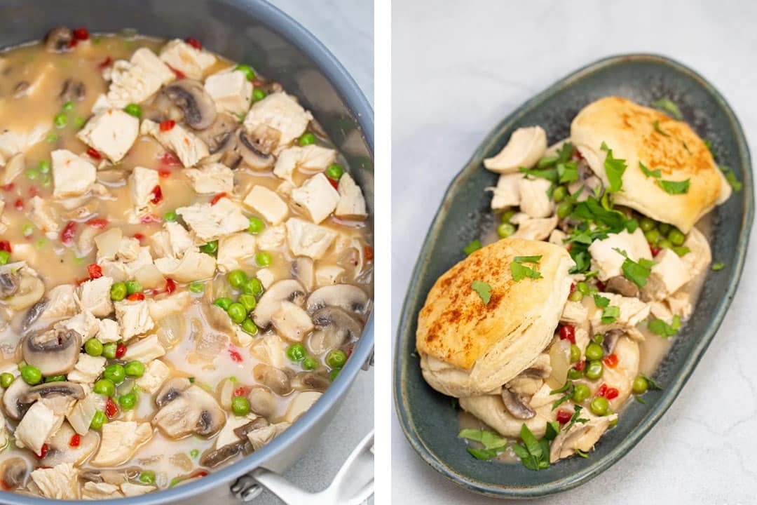 Side-by-side images of chicken a la king in a skillet and served over biscuits.