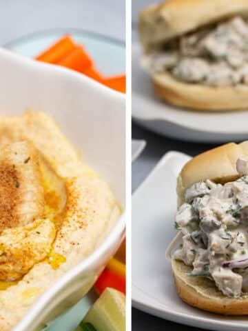Side by side images of hummus and chicken salad sandwiches.