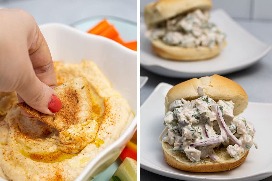 Side by side images of hummus and chicken salad sandwiches.