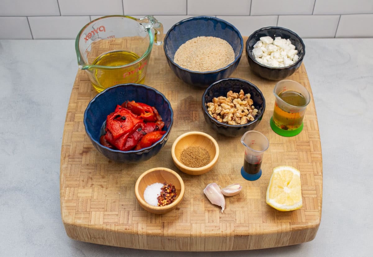 Ingredients ready to make muhammara (a Middle Eastern roasted red pepper dip).