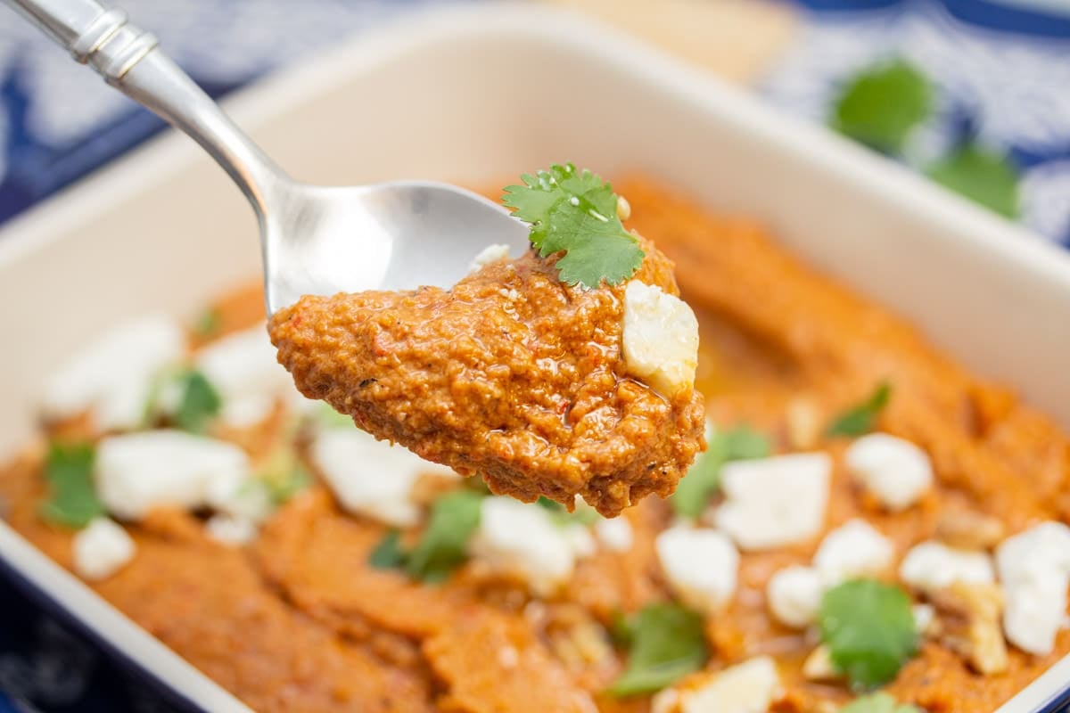 Scooping a spoonful of muhammara from a serving dish.
