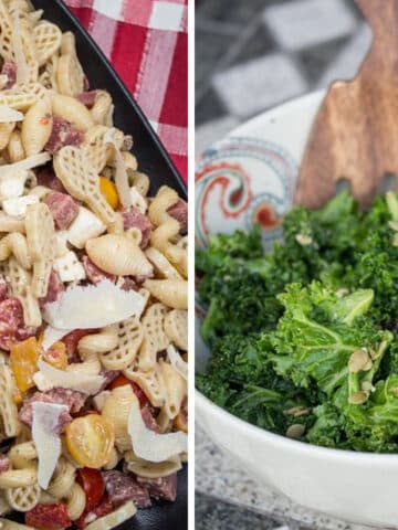 Side-by-side images of an Italian pasta salad and a massaged kale salad.