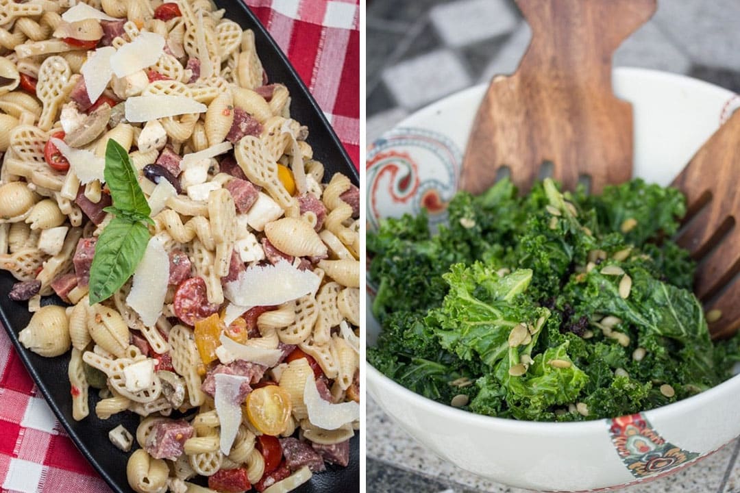 Side-by-side images of an Italian pasta salad and a massaged kale salad.
